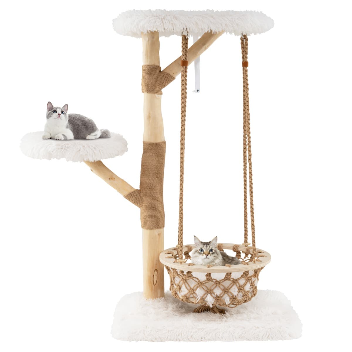 CostwayArbre à Chat avec Balançoire Hamac Branches en Bois Véritable Poteaux à Gratter en Jute 2 Perchoirs Plateforme Centre d'Activité Blanc