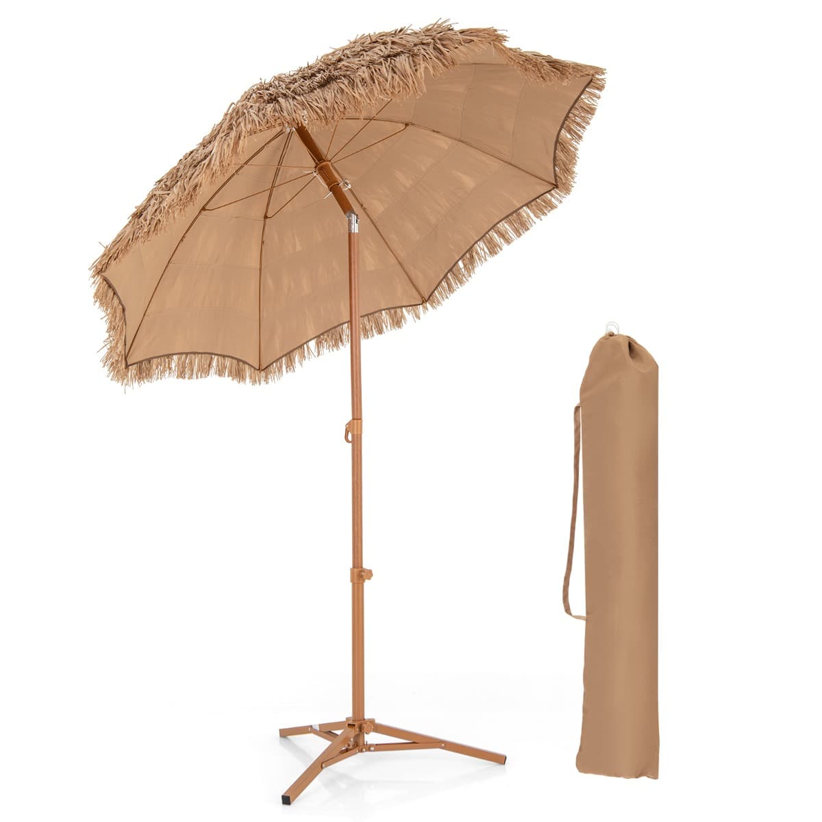 Costway200 CM Parasol avec Pied Pliant Parasol de Plage Style Hawaïen avec Inclinaison à Bouton-Poussoir Sac de Transport Parasol Portable Naturel