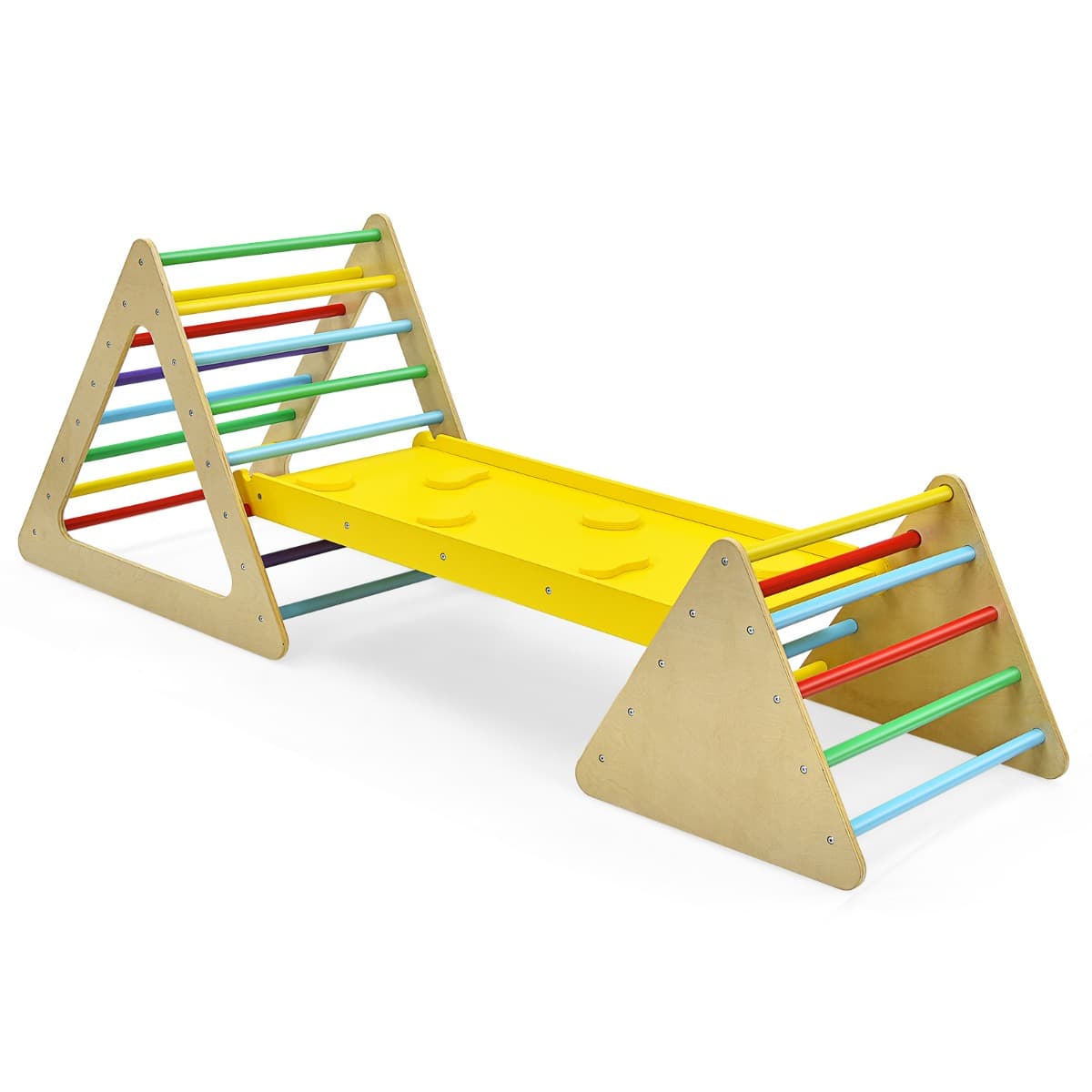 CostwayTriangle d'Escalade 3-en-1 pour Enfants avec 2 Échelles Triangle Rampe Réversible pour Grimper et Glisser en Bois Naturel