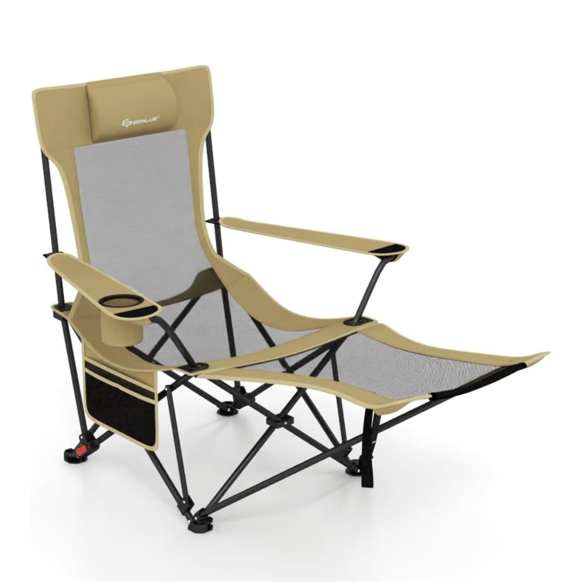 CostwayChaise de Camping avec Repose-pieds Amovible Dossier Réglable et Appuie-tête Chaise de Pêche Kaki